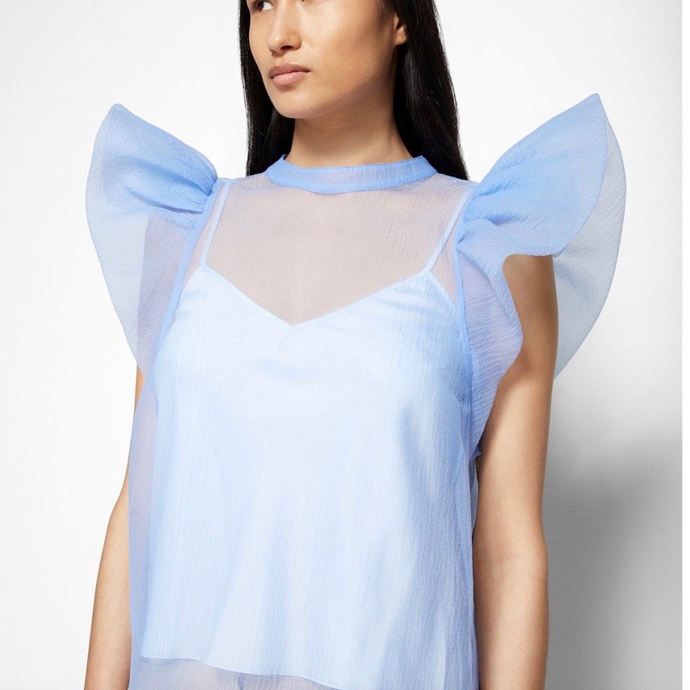NWT Jonathan Simkhai Corina Organza Ruffle Sleeve Crew Neck Top in Periwinkle